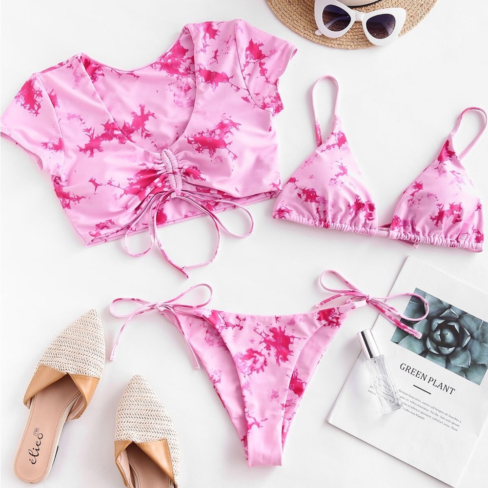 ZAFUL Pink Tie Dye Cinched String Triangle Bikini Swimsuit Three Piece N…